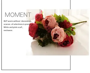 Close-up detail of European artificial peony flower bouquet with lush petals and leaves for decor.