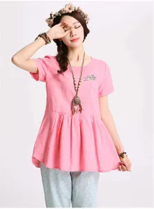 Women's casual pink short sleeve loose pleated blouse top with pocket embroidery detail daily wear.
