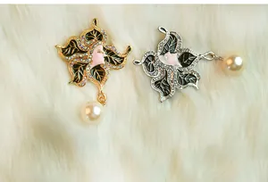 Detailed view of creative vintage face brooch with rhinestones and pearl pendant, elegant design.