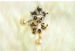 Close-up detail of vintage rhinestone face brooch with pearl pendant on white fur.