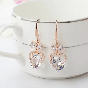 Stunning rose gold heart cubic zirconia drop earrings elegant bow long dangle jewelry