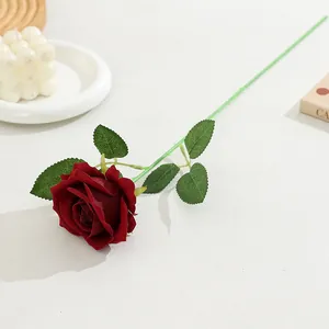 Artificial Red Velvet Rose Single Stem Fake Flower for Home Decor Wedding Party Table Centerpiece