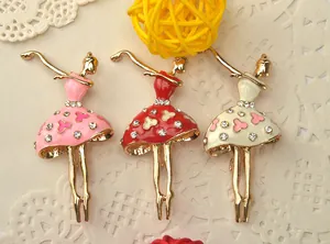 Close-up details of elegant ballerina rhinestone alloy brooches in multi colors.