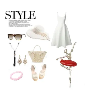 Fashion women clothing and accessories collocation set featuring stylish brooch and summer items