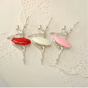 Exquisite alloy rhinestone ballerina brooch set featuring vibrant enamel skirts in red, white and pink.
