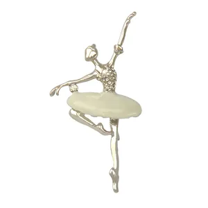Elegant rhinestone crystal ballet dancer brooch pin with white enamel tutu for women apparel.