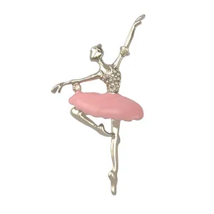 Elegant rhinestone ballet dancer brooch pin with pink enamel tutu for women fashion jewelry.