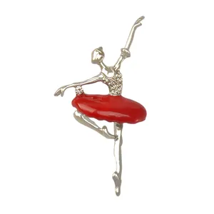 Exquisite crystal rhinestone ballet dancer brooch pin, elegant red enamel alloy corsage gift.