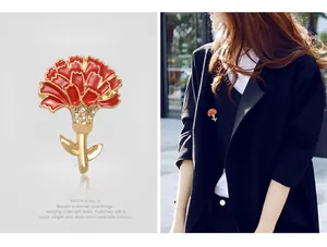 Red carnation flower brooch pin for women zinc alloy crystal rhinestone mother's day gift