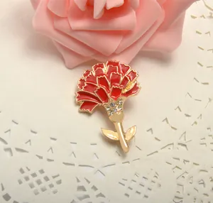 Exquisite carnation brooch detail shot, red enamel and crystal metal corsage pin for gift.
