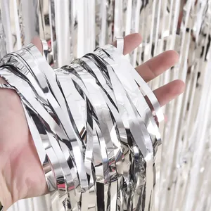 Silver metallic foil fringe curtain, shiny tinsel door curtain for party and wedding decor.