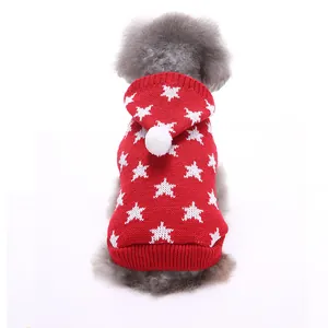 Festive red knitted Christmas dog sweater with white stars and pom-pom hood for small pets