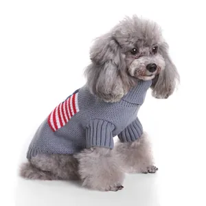 Gray knitted pet sweater detail view, cozy turtleneck design with classic striped back.