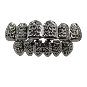Silver textured metal hip-hop grillz top and bottom set for party Halloween fashion wear.