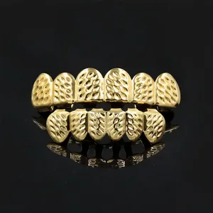 Gold hip hop grillz top and bottom teeth set detailed shot for fashion party wear