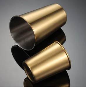 Stainless steel pint cup detail showcasing brushed gold titanium finish and inner 304 text.
