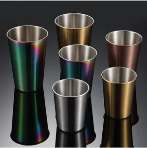 Detailed view of multi-color stainless steel cups, showcasing fine titanium plating and smooth finish.