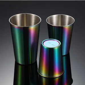 Detailed close-up view of durable stainless steel rainbow pint cups with premium coating.