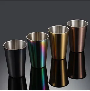 Stainless steel pint cups set, multi-color titanium plated beer tumblers, durable metal drinkware.