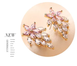 Stunning gold-plated flower earrings featuring sparkling pink and white cubic zirconia stones.