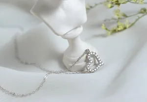 Gedetailleerd beeld van een fonkelende hartvormige ketting van sterling zilver op wit