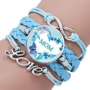 Blue multi-strand bracelet with MOM pendant and Love charm for Mother's Day