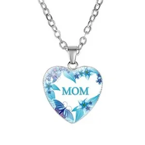 Detailed silver heart necklace with blue flowers, butterfly and MOM text Mother's Day gift