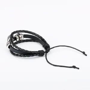 Bracelet en cuir noir multicouche fait main avec fermeture par cordon de serrage réglable