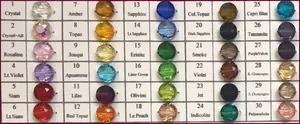 Carta de colores de cuentas de cristal K9 que muestra 30 tonos vibrantes para joyería de bricolaje.