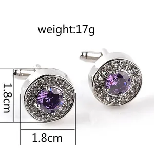 Elegant round crystal cufflinks for men French shirt silver tone purple zircon 1.8cm