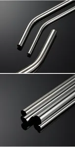 Stainless steel drinking straws detail view, showing polished metal curved and straight straw designs.