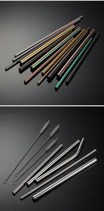 Detailed view of durable 304 stainless steel drinking straws set with cleaning brushes.