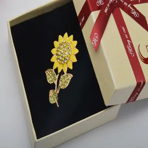 Sunflower rhinestone brooch pin enamel yellow flower clothing accessory jewelry gift box