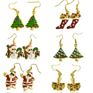 Christmas earrings set detail, festive tree and Santa Claus design, alloy rhinestone jewelry.