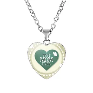 Elegant silver heart necklace with green Best Mom Ever pendant gift for Mother's Day