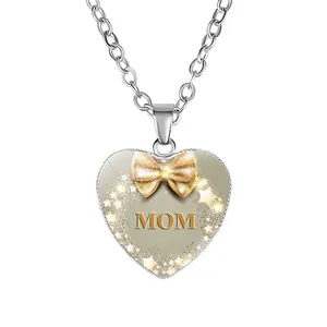 Elegant heart pendant necklace for Mother's Day gift with golden bow and MOM lettering