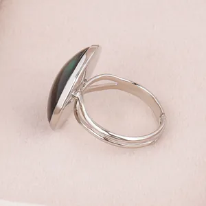 Side view detail of an adjustable silver ring featuring a dark dome-shaped time gem