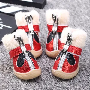 Winter warm pet dog shoes red black fleece zipper anti-slip pet paw booties set of four