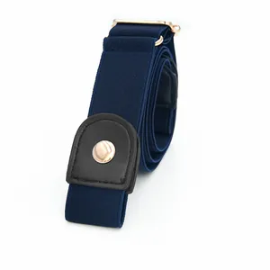 Close-up view of dark blue elastic belt with black PU leather ends and gold metal hardware.