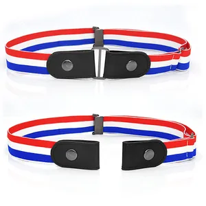 Elastic invisible belt with red white blue stripes, buckle free waist strap for jeans.