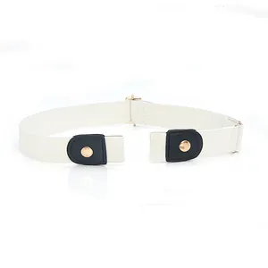 Close-up detail of the buckle-free elastic stretch belt with white band and black ends.