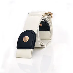 Buckle-free elastic invisible waist belt detail, beige stretch strap with snap button.