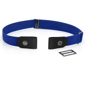 Blue invisible elastic belt with metal buckle, casual stretch waistband for jeans.