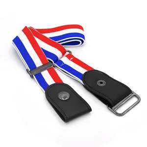 Invisible elastic buckle-free belt for jeans, red white blue striped casual belt for adults.