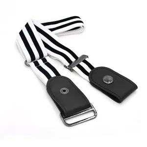 Detailed view of a black and white striped elastic invisible belt with faux leather ends for daily wear.