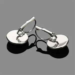 Silver color blank bezel tray leverback earrings detail, simple DIY jewelry metal findings.