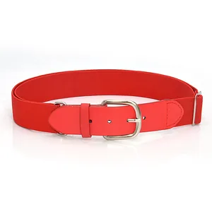 Red elastic belt detail view, adjustable stretch strap with metal buckle and PU leather ends.