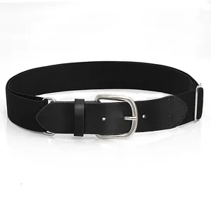 Detailed view of the black elastic sports belt featuring a metal buckle for baseball.
