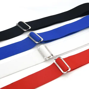 Adjustable elastic strap detail with metal slider, multi-color sports belt close up.