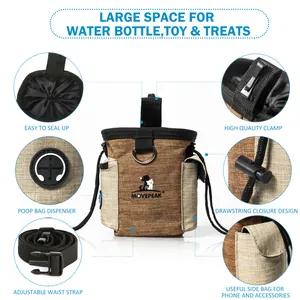 Portable dog treat training pouch with waste bag dispenser, adjustable waist strap and storage.
